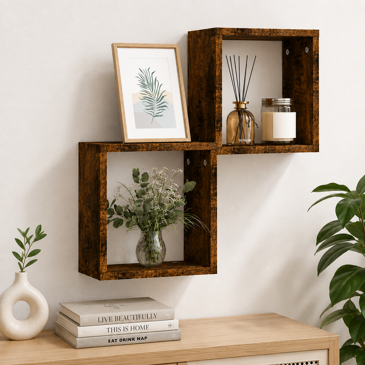 Floating Wall Shelves Set of 2 – Modern Wooden Cube Storage Shelves