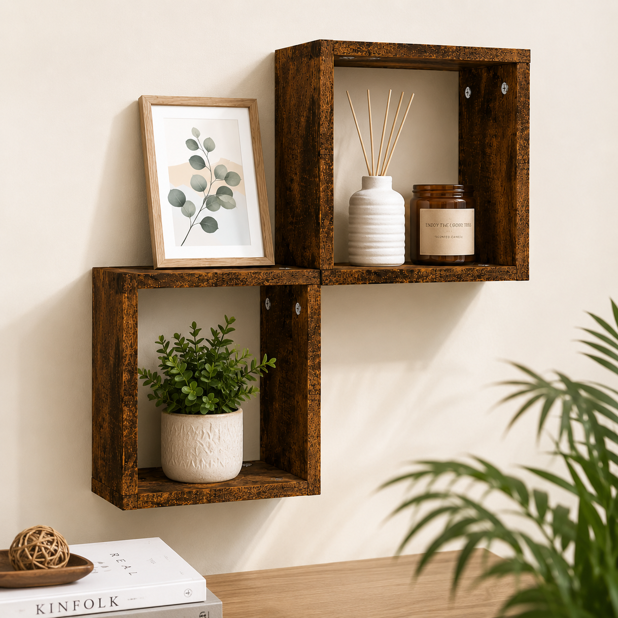 Floating Wall Shelves Set of 2 – Modern Wooden Cube Storage Shelves