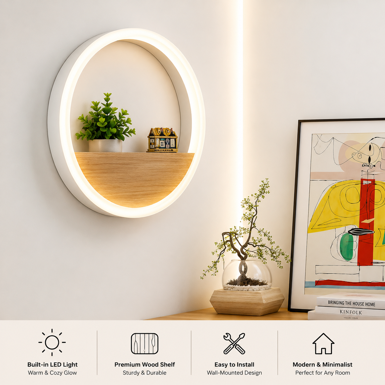 Modern LED Wall Lamp – Minimalist Ambient Ring Light Shelf Sconce