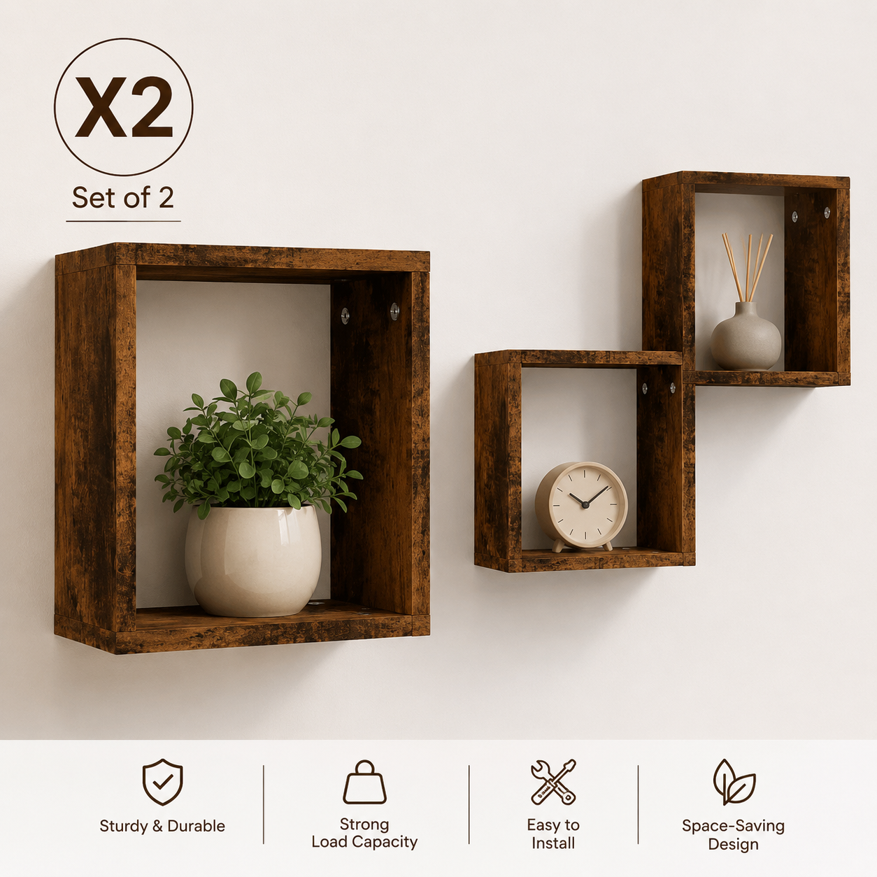 Floating Wall Shelves Set of 2 – Modern Wooden Cube Storage Shelves